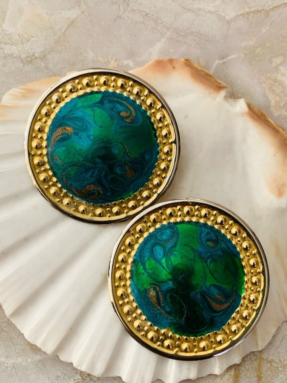 Gold & Teal Swirl 80s Statement Earrings
